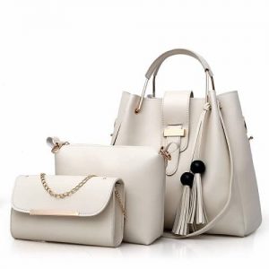 Leather Handbag Set With Chain Purse - Beige discountshub