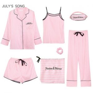 JULY'S SONG Pink Women's 7 Pieces Pajamas Sets Emulation Silk Striped Pyjama Women Sleepwear Sets Spring Summer Autumn Homewear discountshub