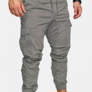 Mens Solid Elastic Waist Casual Multi-pocket Cargo Pants discountshub