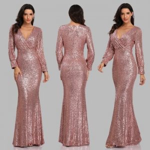 New Sexy V Neck Mermaid Evening Dress Long Formal Prom Party Gown Full Sequins long Sleeve Galadress vestidos occassion dress discountshub