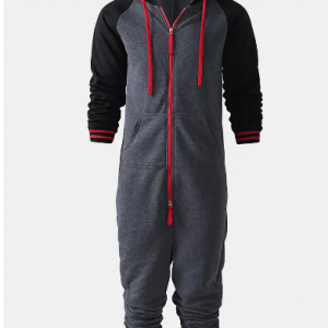 Men Contrast Color Onesies Loungewear Cotton Thicken Dark Gray Hipster Zip Hooded Jumpsuit Pajamas discountshub