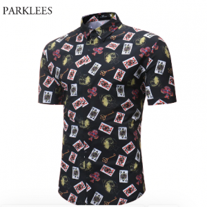 Mens Hipster Poker Print Dress Shirt 2018 Brand New Men Slim Fit Short Sleeve Shirt Casual Holiday Party Camisa Social Masculina discountshub