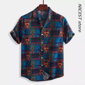 Incerun Short Sleeve Casual Vacation Printing Shirt-Blue discountshub