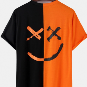 Mens Contrast Patchwork Happy Face Letter Print Cotton Loose Short Sleeve T-Shirts discountshub