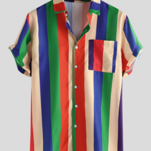 Mens Cool Rainbow Striped Patch Pocket Casual Short Sleeve Shirts discountshub