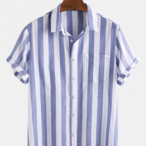 Mens Cotton Thin Light & Breathable Vertical Stripe Short Sleeve Shirt discountshub