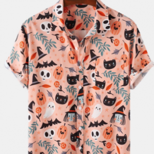 Mens Halloween Pumpkin Cat Funny Party Short Sleeve Shirts discountshub