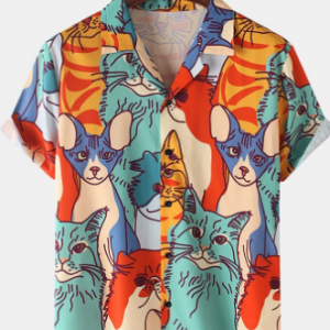 Mens Multi-Color Cat Print Loose Light Casual Short Sleeve Shirts discountshub