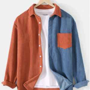 Mens Patchwork Corduroy Contrast Color Lapel Long Sleeve Shirts With Pocket discountshub