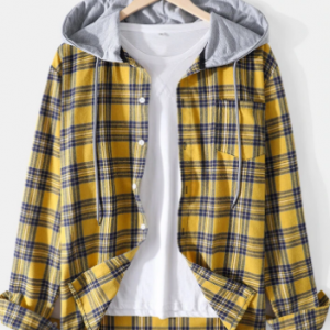 Mens Plaid Cotton Long Sleeve Casual Drawstring Hooded Shirts discountshub