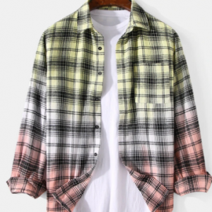 Mens Plaid Ombre Print Cotton Lapel Long Sleeve Casual Shirts discountshub