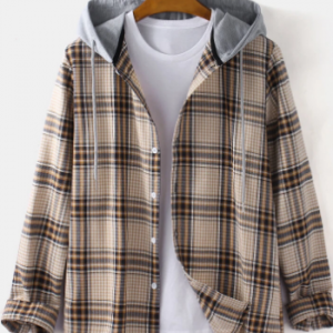 Mens Tartan Plaid Button Up Casual Long Sleeve Drawstring Hooded Shirts discountshub