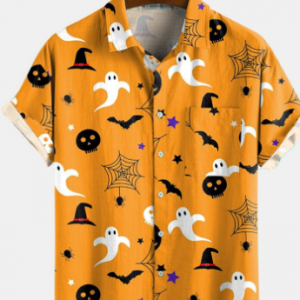 Newchic Design 3 Color Halloween Cartoon Print Turn Down Collar Short Shirts discountshub