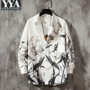 Harajuku Shirt Men Plus Size 5XL White Shirts Mens Casual Loose Fit Long Sleeve Beach Wear Tops New Fashion Printed Button Shirt discountshub