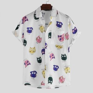 Incerun Mens Cartoon Print Loose Short Sleeve Shirt - White discountshub