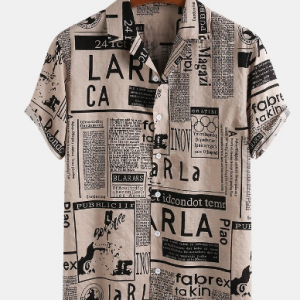 Mens 65% Cotton Fun Newspaper Print Casual Holiday Short Sleeve Shirt discountshub