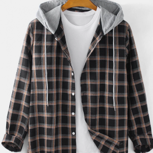 Mens Check Button Up Long Sleeve Casual Plain Drawstring Hooded Shirts discountshub