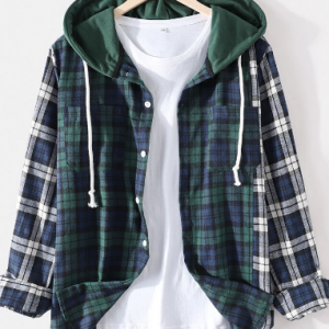 Mens Colorblock Plaid Casual Drawstring Hooded Shirts discountshub