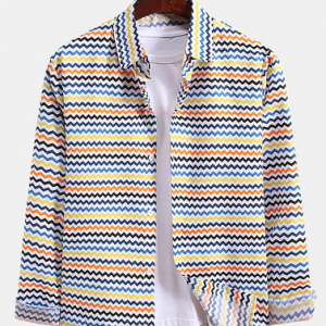 Mens Colorful Irregular Stripes Print Lapel Casual Long Sleeve Shirts discountshub