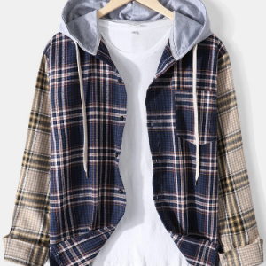 Mens Contrast Plaid Patchwork Chest Pocket Casual Long Sleeve Drawstring Hooded Shirts discountshub