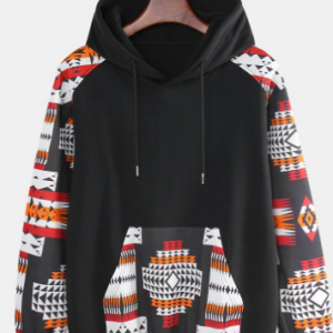 Mens Ethnic Style Long Sleeve Pockets Printing Patchwork Vintage Loose Hoodies discountshub