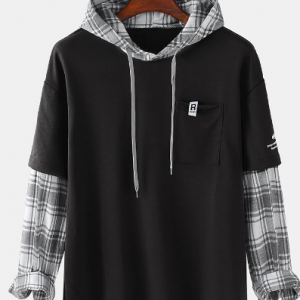 Mens Patchwork Plaid Contrast Faux Twinset Casual Drawstring Hoodies With Pocket discountshub