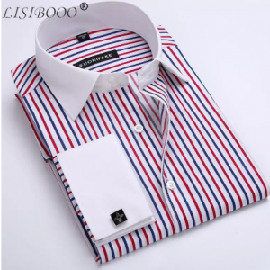 LISIBOOO Men Casual Slim Fit Shirt Mens Long Sleeve Business Dress Shirt French Cufflinks Shirt Male Striped Shirt discountshub