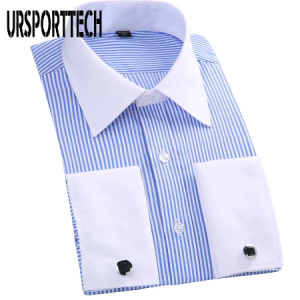 Men Long Sleeve Shirt Spring Striped Men French Cufflinks Casual Shirt White Collar Design Mens French Cuff Dress Shirts M-6XL discountshub