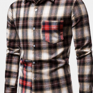 Mens Patchwork Plaid Lapel Chest Pocket Long Sleeve Shirts discountshub