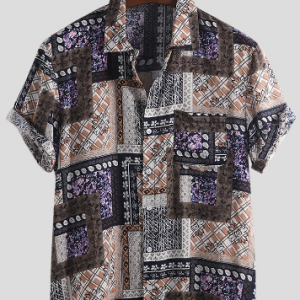 Mens Ethnic Bandana Print Patchwork Short Sleeve Shirt discountshub