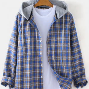 Mens Tartan Loose Fit Casual Long Sleeve Drawstring Hooded Shirts discountshub