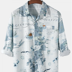 Mens Cotton Map Pattern Print Casual Regular Fit Lapel Long Sleeve Shirts With Pocket discountshub