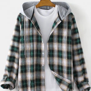 Mens Plaid Button Up Long Sleeve Relaxed Fit Drawstring Hooded Shirts discountshub