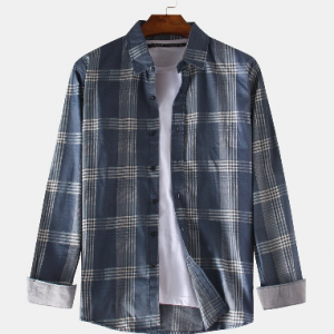 Mens Cotton Plaid Printed Turn Down Color Long Sleeve Shirts discountshub