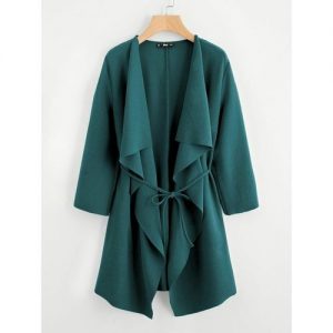 Women Belted Water Fall Blazer -Green discountshub