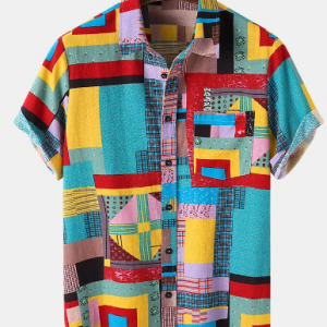 Mens Colorful Ethnic Pattern Print Lapel Short Sleeve Holiday Shirt discountshub