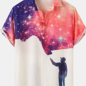 Mens Galaxy Print Figure Patterm Short Sleeve Street Shirt discountshub