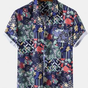 Mens Geometry & Floral Print Lapel Button Up Short Sleeve Holiday Shirt discountshub