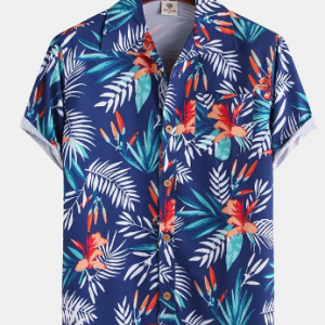 Mens Hawaiian Style Coco Leaf Flower Breathable Short Sleeve Shirts discountshub