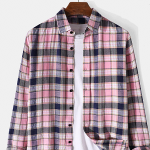 Mens Plaid Print 100% Cotton Casual Button Up Lapel Long Sleeve Shirt discountshub