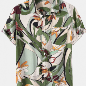 Mens Plants Floral Holiday Print Lapel Short Sleeve Casual Shirt discountshub