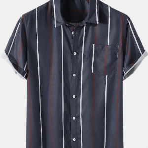 Mens Striped Curved Hem Short Sleeve Shirt With Pocket discountshub