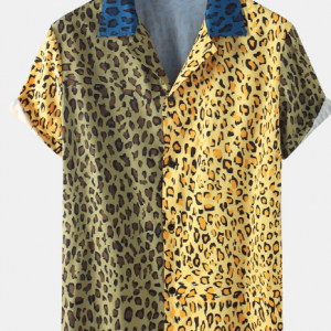 Men Fun Bicolor Leopard Patchwork Holiday Casual Shirt discountshub