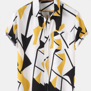 Mens Abstract Geometry Print Short Sleeve Pocket Casual Holiday Shirt discountshub