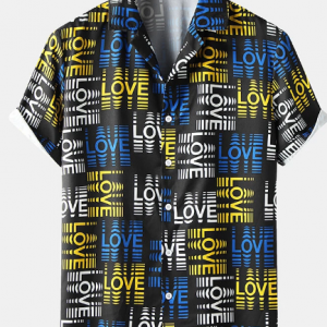 Mens Abstract Love Print Button Up Lapel Short Sleeve Street Shirts discountshub