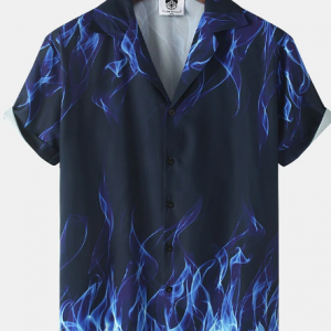 Mens All Over Blue Flame Print Revere Collar Street Short Sleeve Shirts discountshub