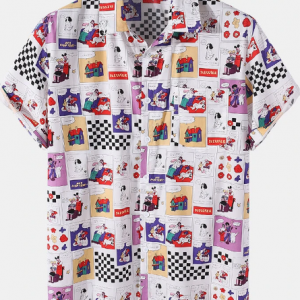 Mens All Over Cartoon Comics Print Lapel Street Short Sleeve Shirts discountshub