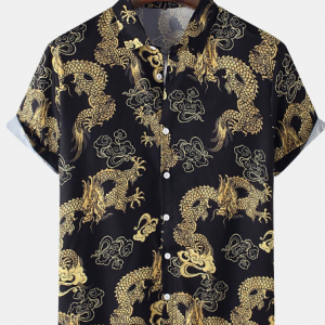 Mens All Over Golden Dragon Print Cotton Relaxed Fit Short Sleeve Shirts discountshub