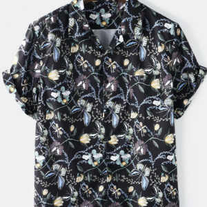 Mens Allover Butterfly & Plant Print Holiday Short Sleeve Shirt discountshub