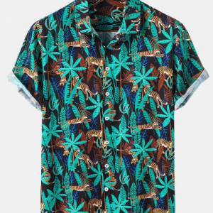 Mens Allover Leaves & Tiger Pattern Short Sleeve Holiday Shirt discountshub